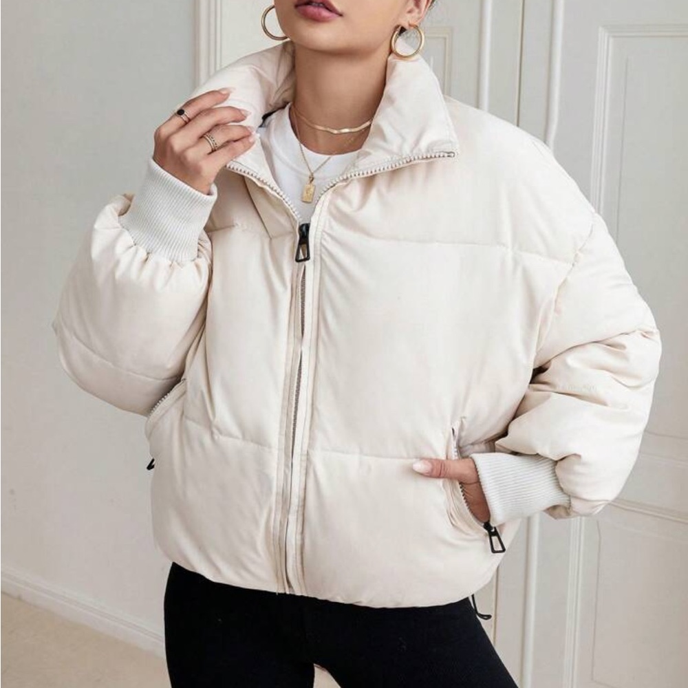 Shein Essnce Zip Up Drawstring Hem Puffer Coat. EUC. Color camel. Size Large. - Picture 6 of 11